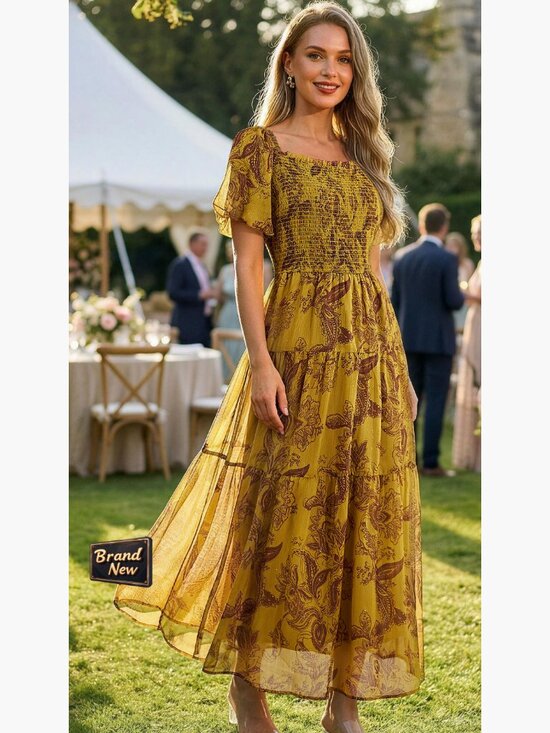 Maxi Dress Square Neck Puff Sleeve Flowy A-Line Summer Casual Boho - Picture 6 of 7